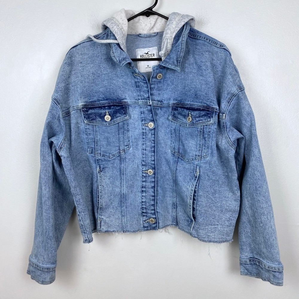 Hollister Denim Hoodie Jacket Light‎ Wash Button Front Casual Streetwear Medium